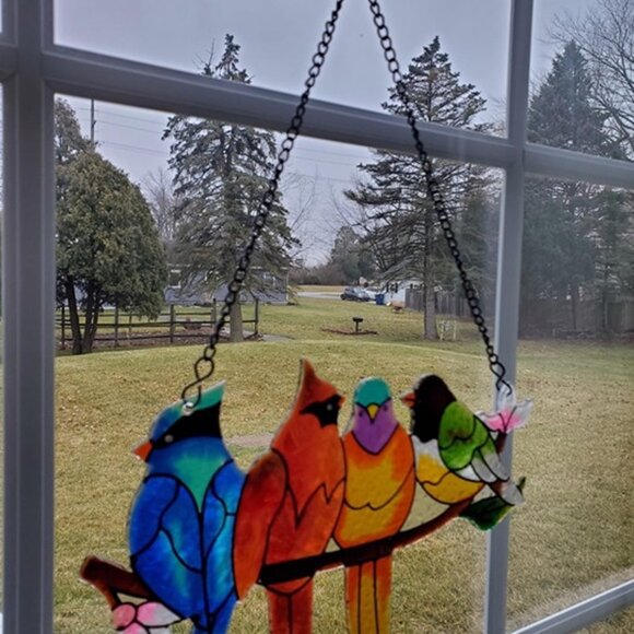NEW Stained Glass Window Hanging - Hummingbird on Branch Suncatcher Hand-Painted - Picture 3 of 9